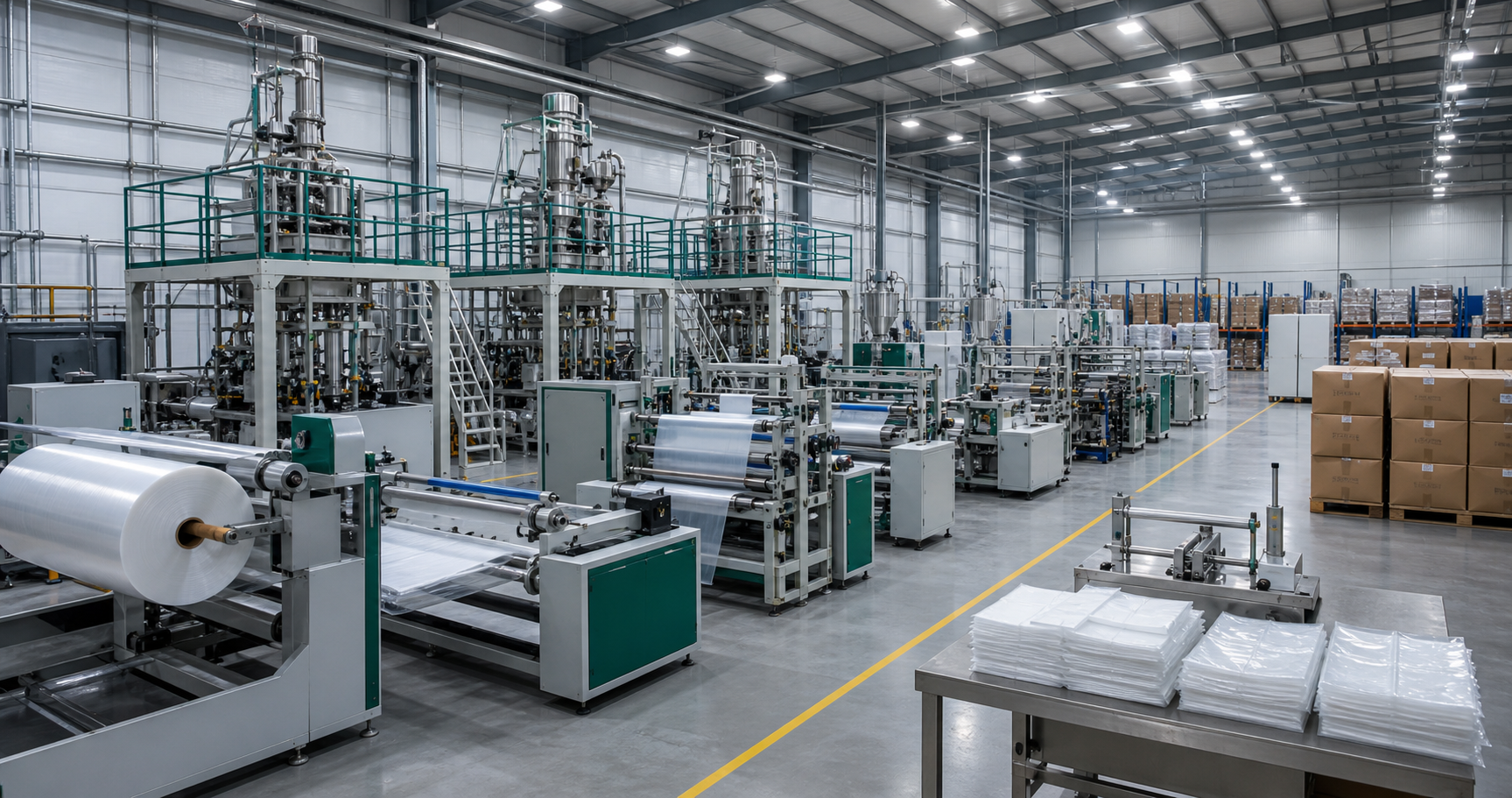 Plastic bag factory workshop with extrusion and bag making equipment