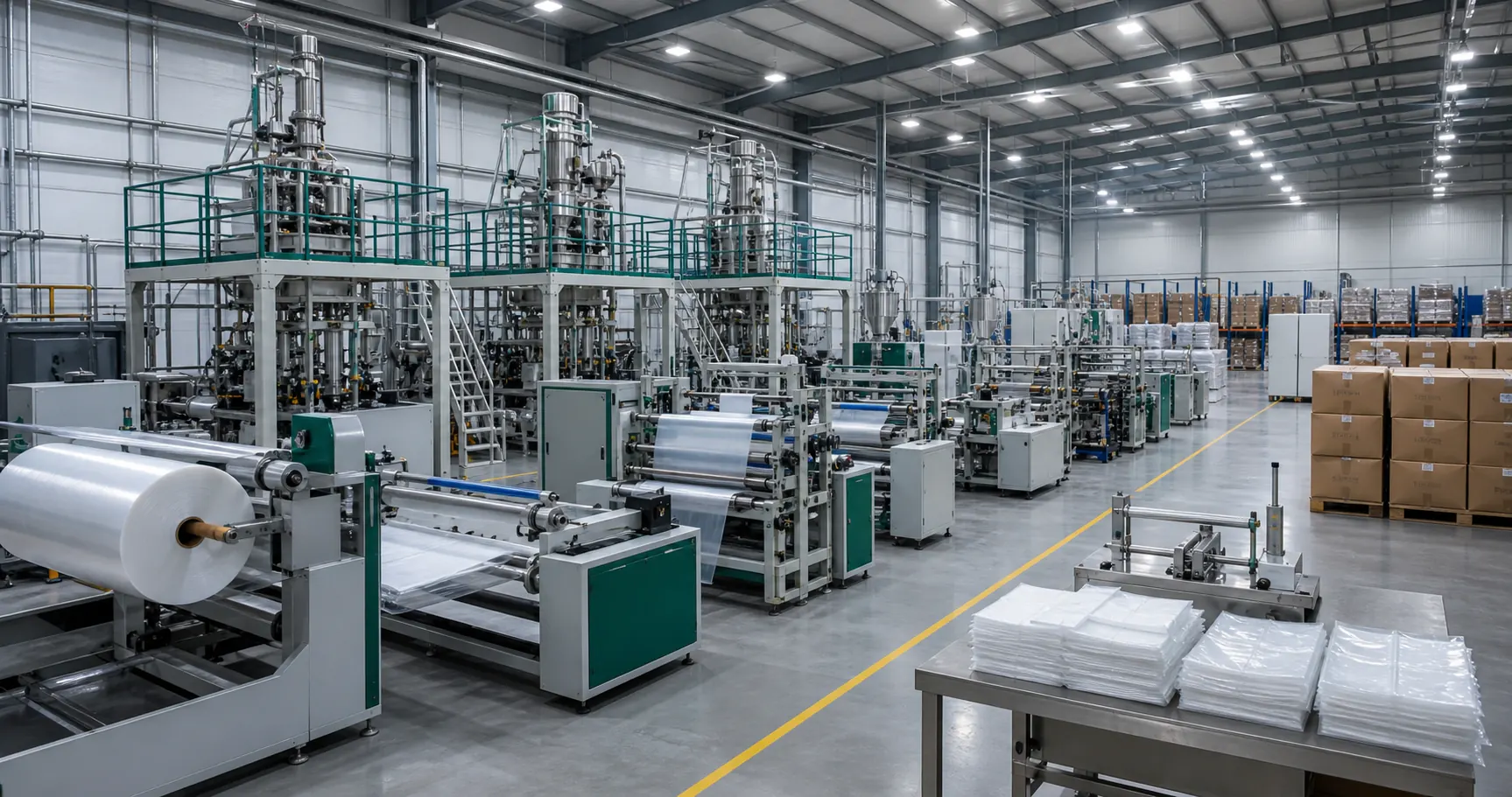 Plastic bag factory workshop with extrusion and bag making equipment